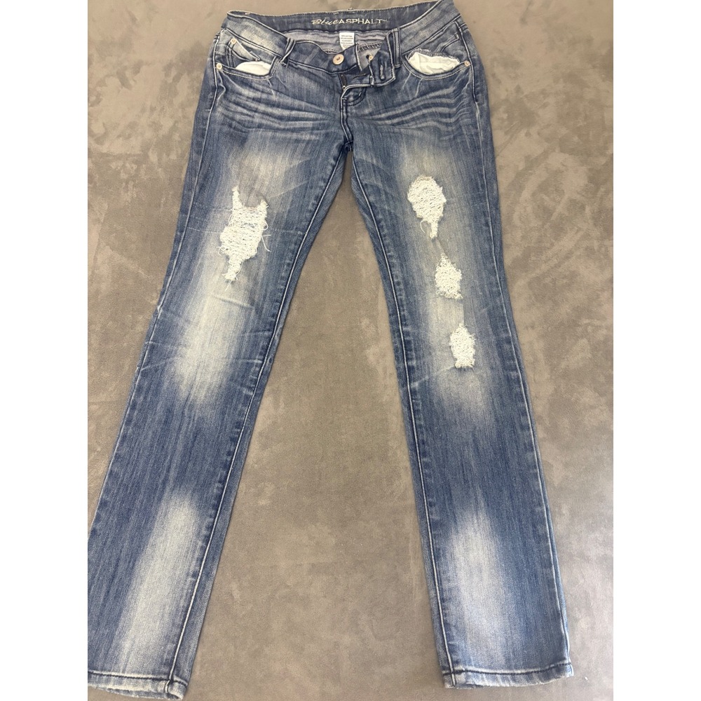 Blue Asphalt Distressed Skinny Jeans 9 Medium Wash Low Rise Ripped Denim